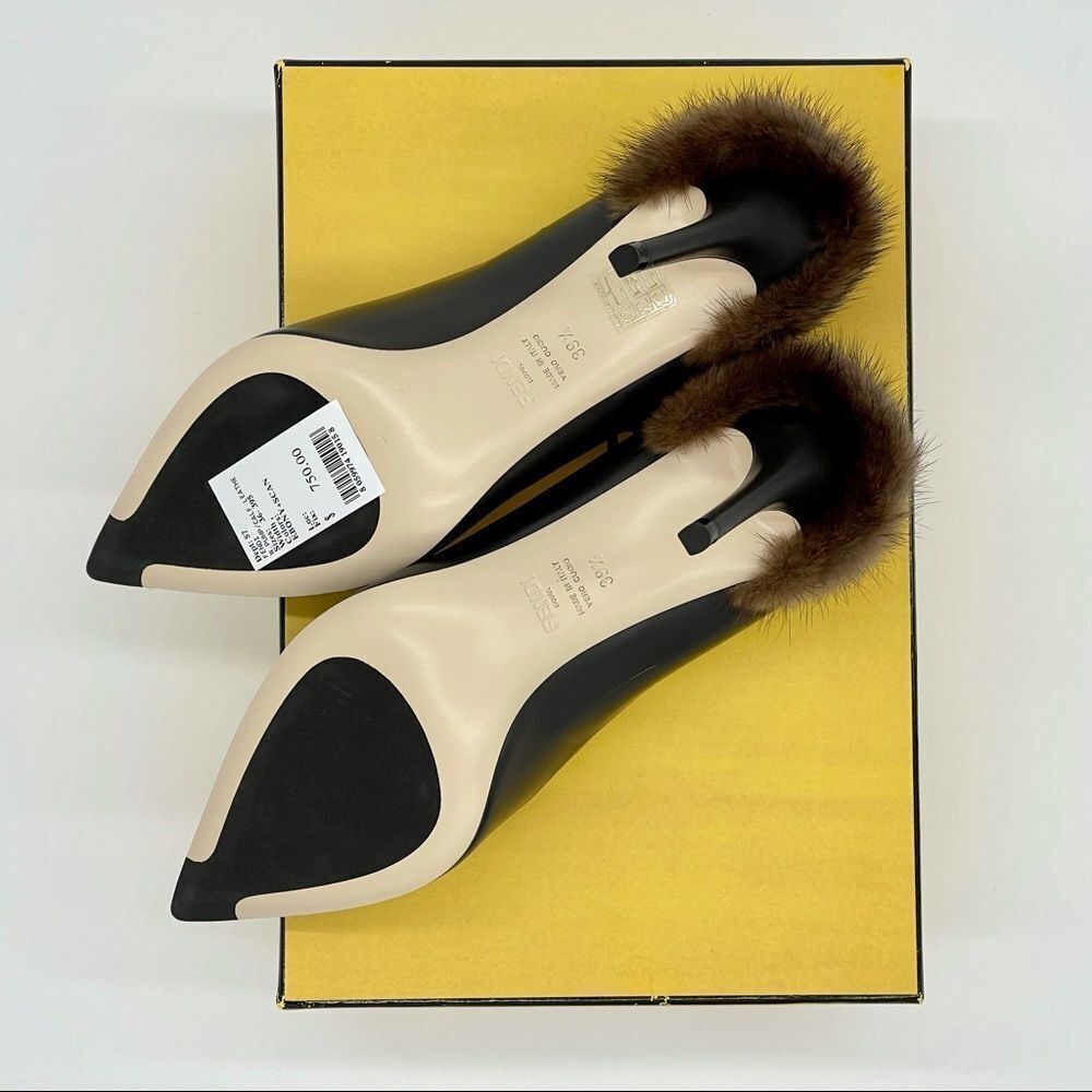 Fendi Closed Toe Heels Black Leather Pumps w/ Brown Mink Fur Size 39.5 NWT - Picture 13 of 15